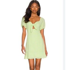 BCBGeneration Green Solid Mini Dress V-Neck Puff Sleeve Bow Smocked Zip Size M